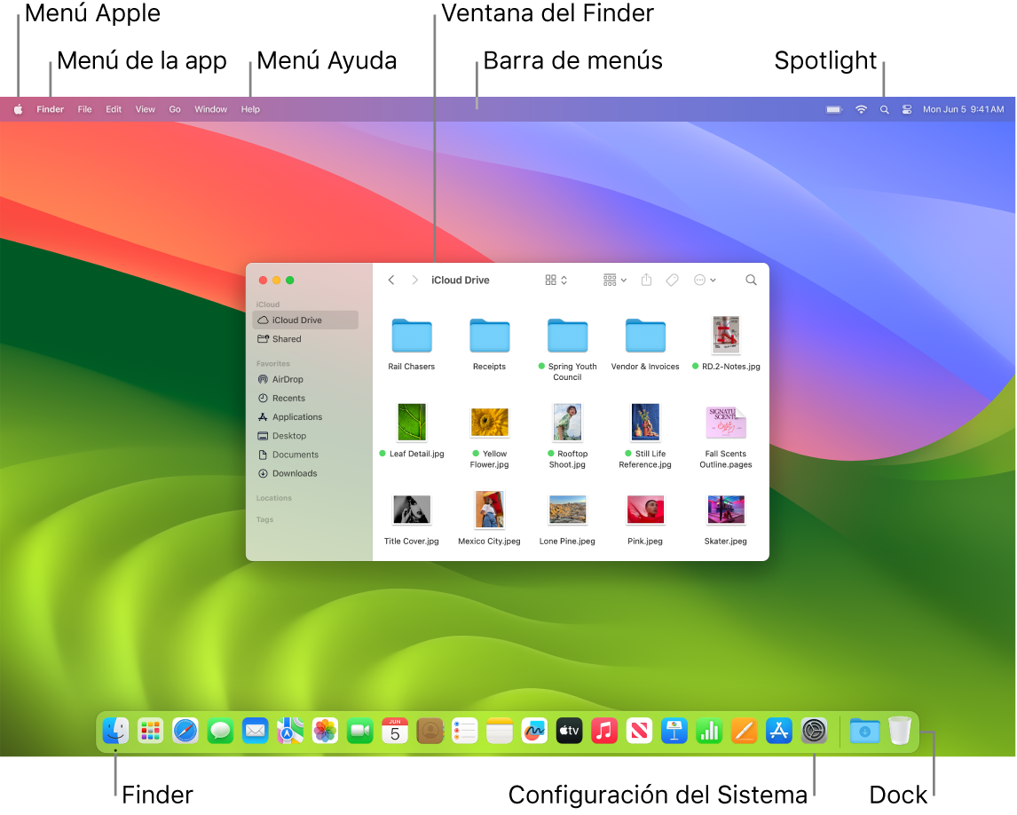 La pantalla de una Mac mostrando el menú Apple, el menú App, el menú Ayuda, una ventana del Finder, la barra de menús, el ícono de Spotlight, el ícono del Finder, el ícono de Configuración del Sistema y el Dock.