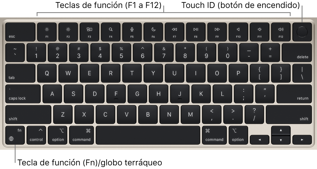 El teclado del MacBook Air, con la fila de teclas de función y el Touch ID (botón de encendido) en la parte superior, y la tecla de función (Fn)/tecla del globo terráqueo en la esquina inferior izquierda.