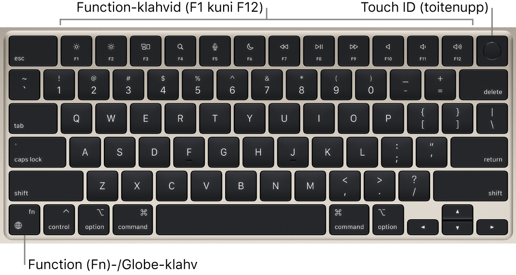 MacBook Airi klaviatuur, mille ülaosas on funktsiooniklahvide rida ja Touch ID (toitenupp) ning alumises vasakus nurgas klahv Function (Fn)/Globe.