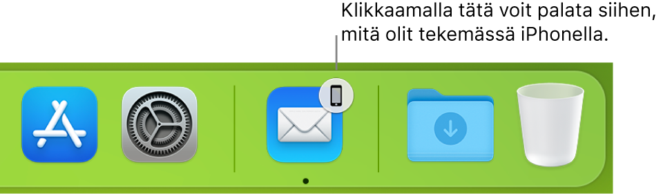 Handoff-kuvake näkyvissä Dockissa.