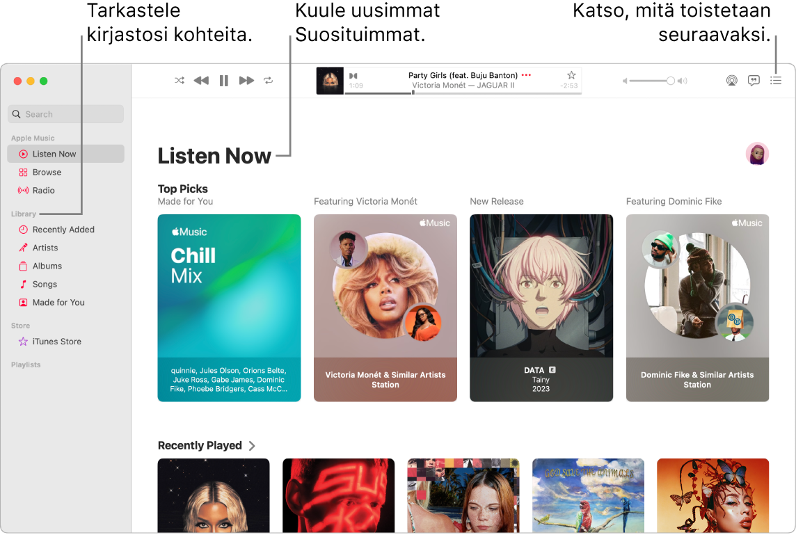 Musiikki-apin ikkunassa näkyy, miten voit katsella kirjastoa, kuunnella musiikkia Apple Musicista ja katsoa, mitä toistetaan seuraavaksi.