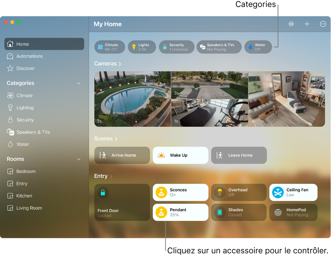 L’app Maison affichant les catégories, les scènes favorites et les accessoires favoris.