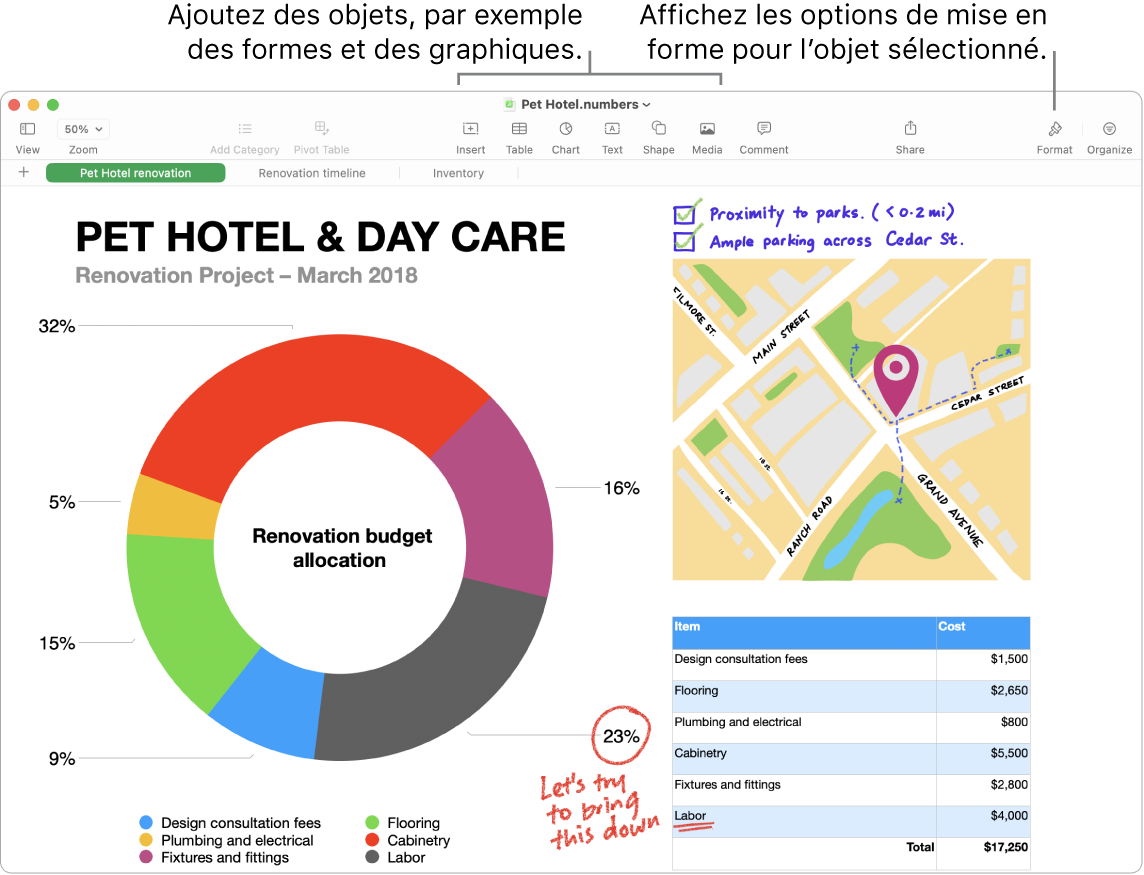 Fenêtre de Numbers avec la barre d’outils et ses outils d’édition en haut, le bouton Collaborer près du haut à droite, et les boutons Format et Organiser à droite.