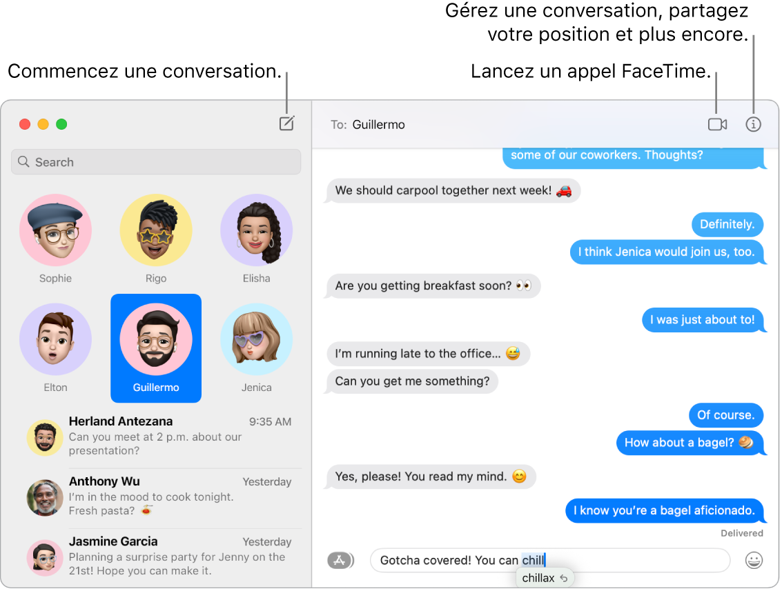 Une fenêtre de Messages montrant comment lancer une conversation et passer un appel FaceTime.