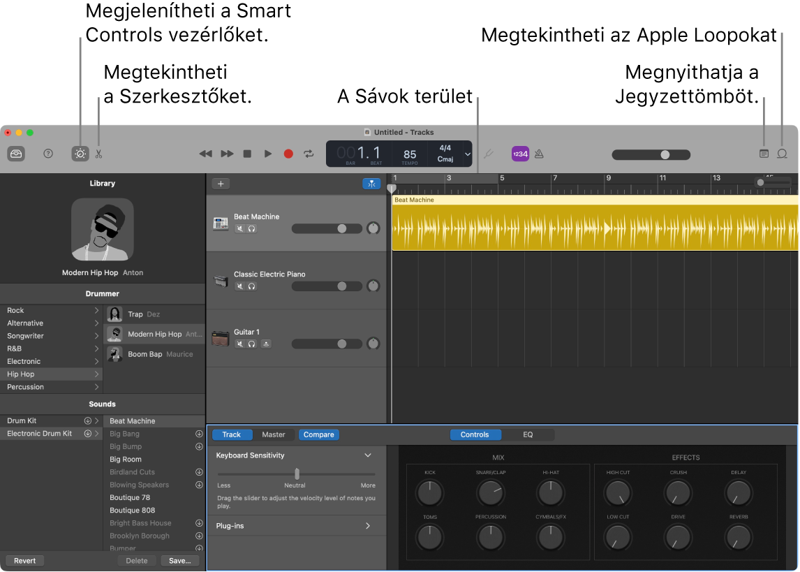 Egy GarageBand-ablak, amelyben az Intelligens vezérlők, a Szerkesztők, a Jegyzetek és az Apple Loopok elérésére szolgáló gombok láthatóak. A sávok nézete is látható.