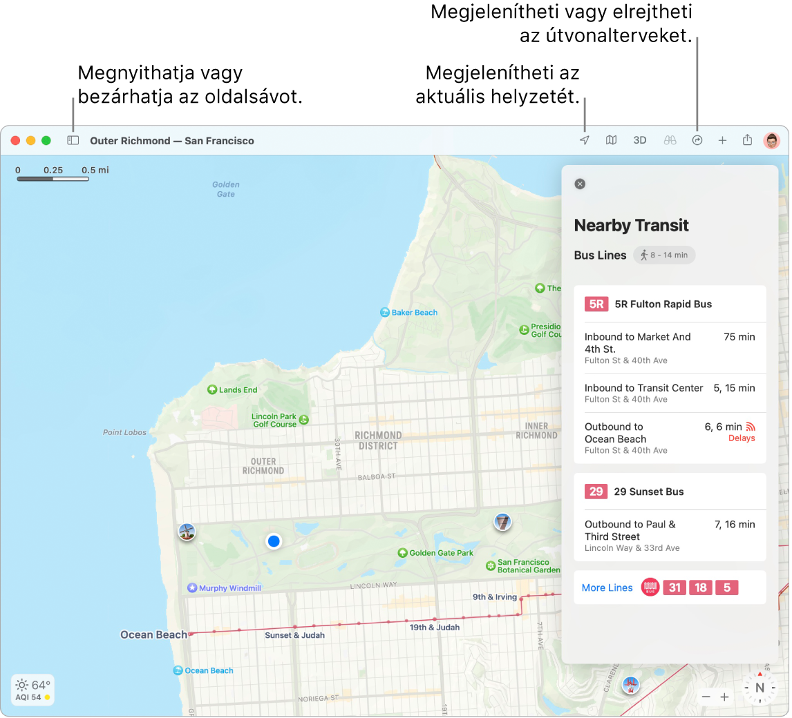 A Térképek ablaka, amely megmutatja, hogyan lehet útvonalterveket beszerezni az oldalsávon található célokra kattintva, hogyan lehet megnyitni vagy becsukni az oldalsávot, valamint hogyan lehet megtalálni az aktuális helyzetet a térképen.