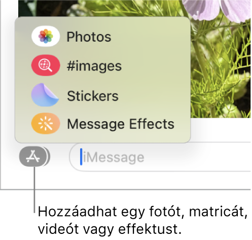 Az Appok menü a fotók, a matricák, GIF-ek és üzeneteffektek megjelenítésére szolgáló beállításokkal.