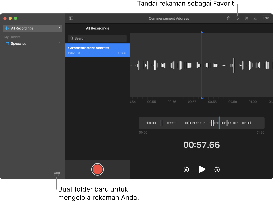 Jendela Memo Suara menampilkan cara membuat folder baru atau menandai rekaman sebagai favorit.