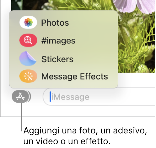 Il menu App con opzioni per mostrare foto, adesivi, GIF ed effetti messaggi.