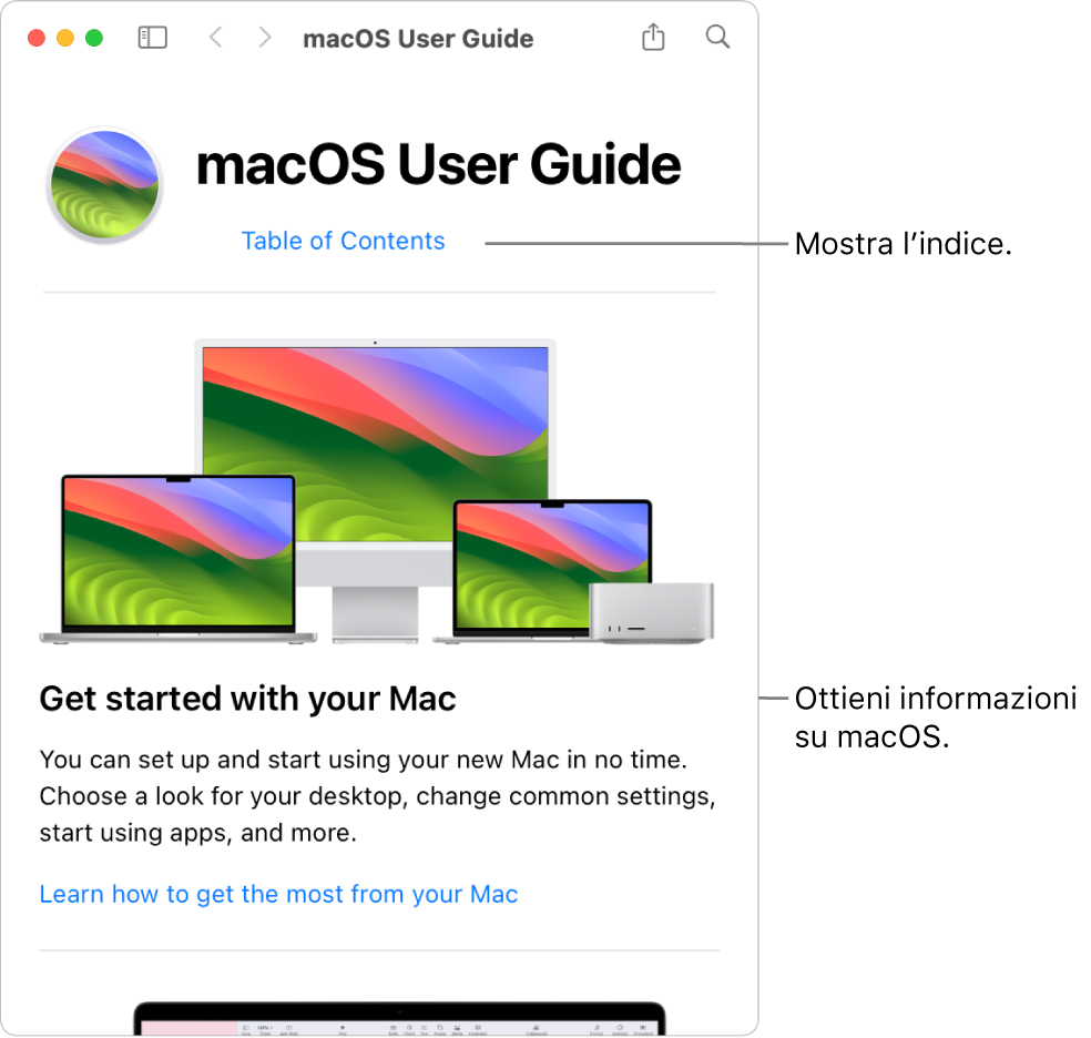 Pagina di benvenuto del Manuale utente di macOS che mostra il link dell’indice.