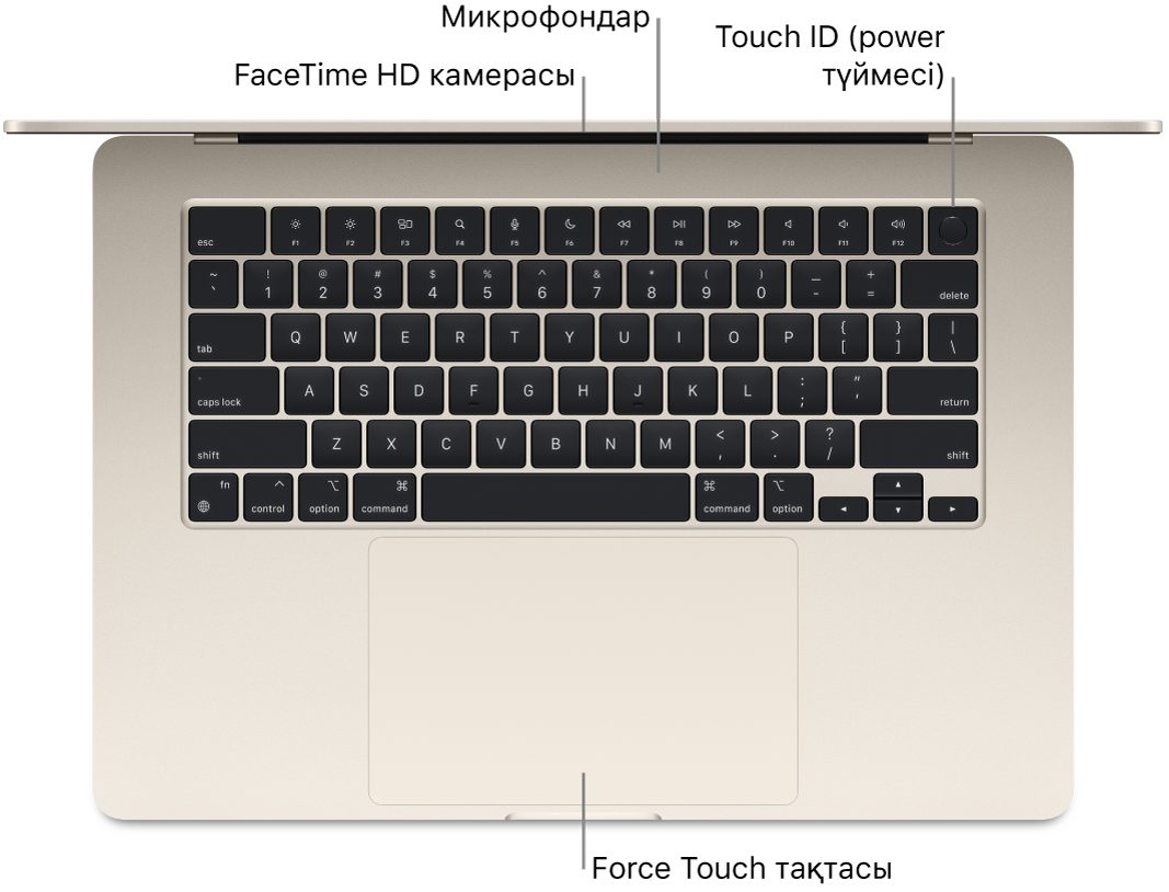 FaceTime HD камерасына, микрофондарға, Touch ID тақтасына (қуат түймесі) және Force Touch тақтасына тілше деректері бар ашық MacBook Air компьютерінің төменгі көрінісі.
