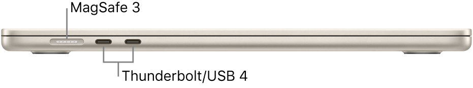 MagSafe 3 및 Thunderbolt/USB 4 포트에 대한 설명이 있는 MacBook Air의 왼쪽 부분.