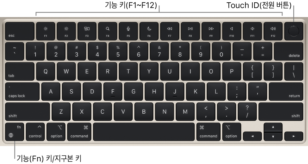상단 전체에 있는 기능 키와 Touch ID(전원 버튼) 및 키보드의 왼쪽 하단 모서리에 있는 기능(Fn)/지구본 키를 보여주는 MacBook Air 키보드.