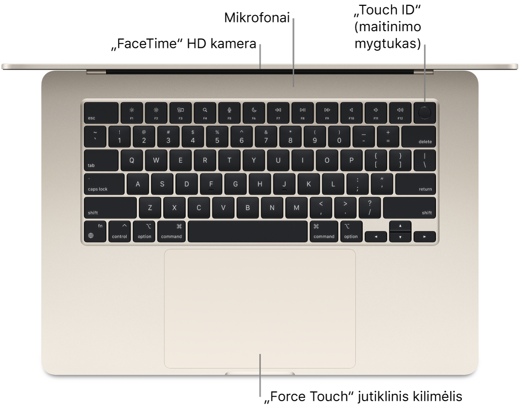 „MacBook Air“ vaizdas iš viršaus, matomos „FaceTime“ HD vaizdo kameros, mikrofonų, „Touch ID“ (maitinimo mygtuko) ir „Force Touch“ jutiklinio pulto nuorodos.