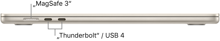 Kairioji „MacBook Air“ pusė, matomos „MagSafe 3“ ir „Thunderbolt“ / USB 4 prievadų nuorodos.