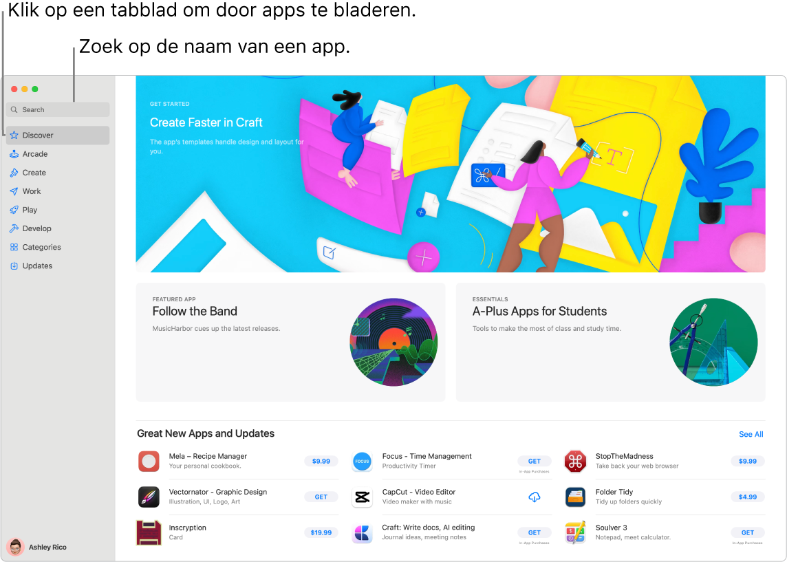 Het App Store-venster met het zoekveld en een pagina met Safari-extensies.