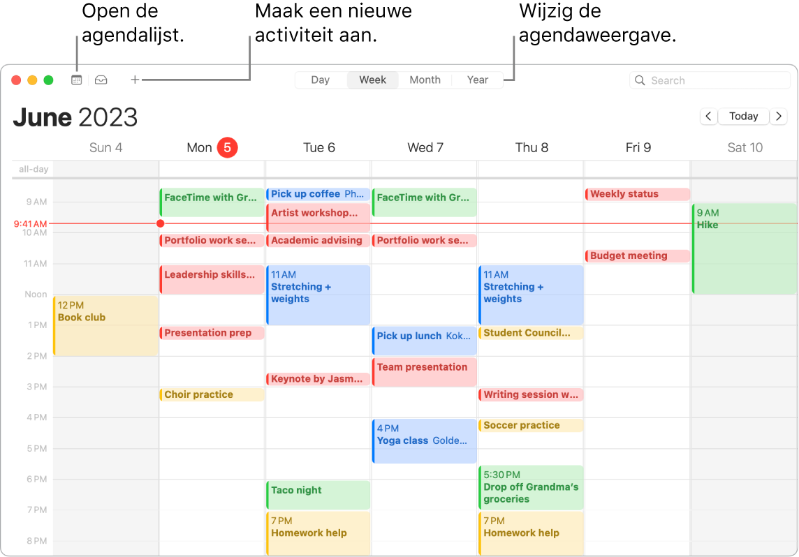 Een Agenda-venster waarin wordt aangegeven hoe je de agendalijst weergeeft, een activiteit aanmaakt en de dag-, week-, maand- of jaarweergave kiest.