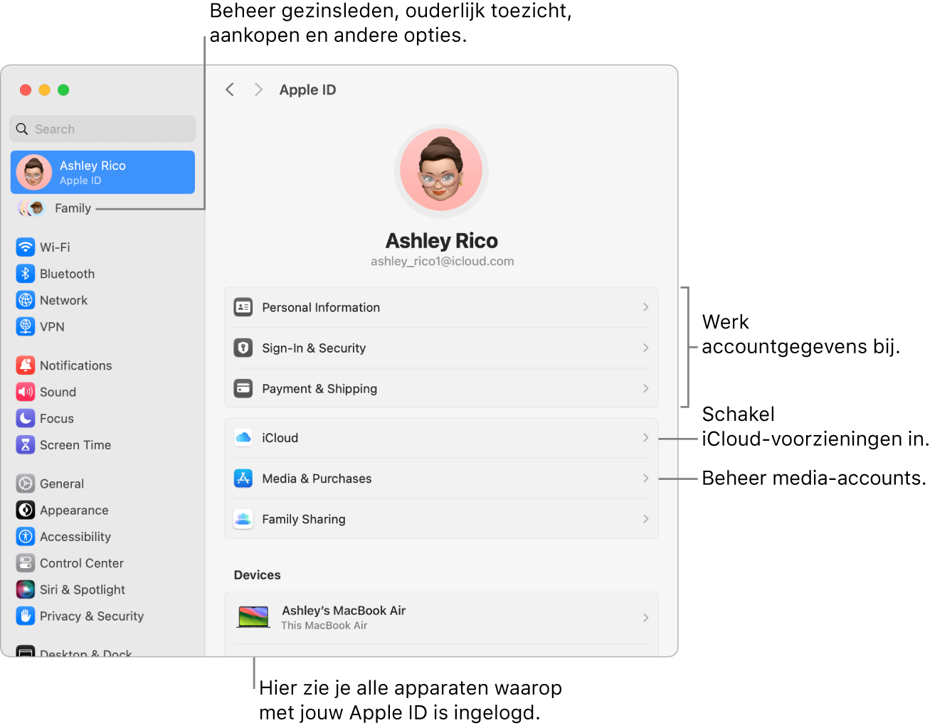 De instellingen voor de Apple ID in Systeeminstellingen, met bijschriften voor de opties waarmee je je accountgegevens bijwerkt, iCloud-voorzieningen in- of uitschakelt, media-accounts beheert en gezinsinstellingen wijzigt om gezinsleden, ouderlijk toezicht, aankopen en andere opties te beheren.