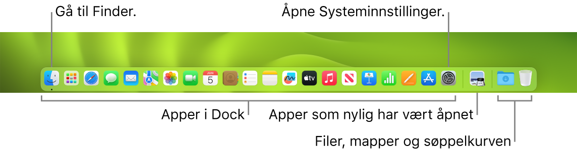 Dock, som viser Finder, Systeminnstillinger og linjen i Dock som skiller apper fra filer og mapper.