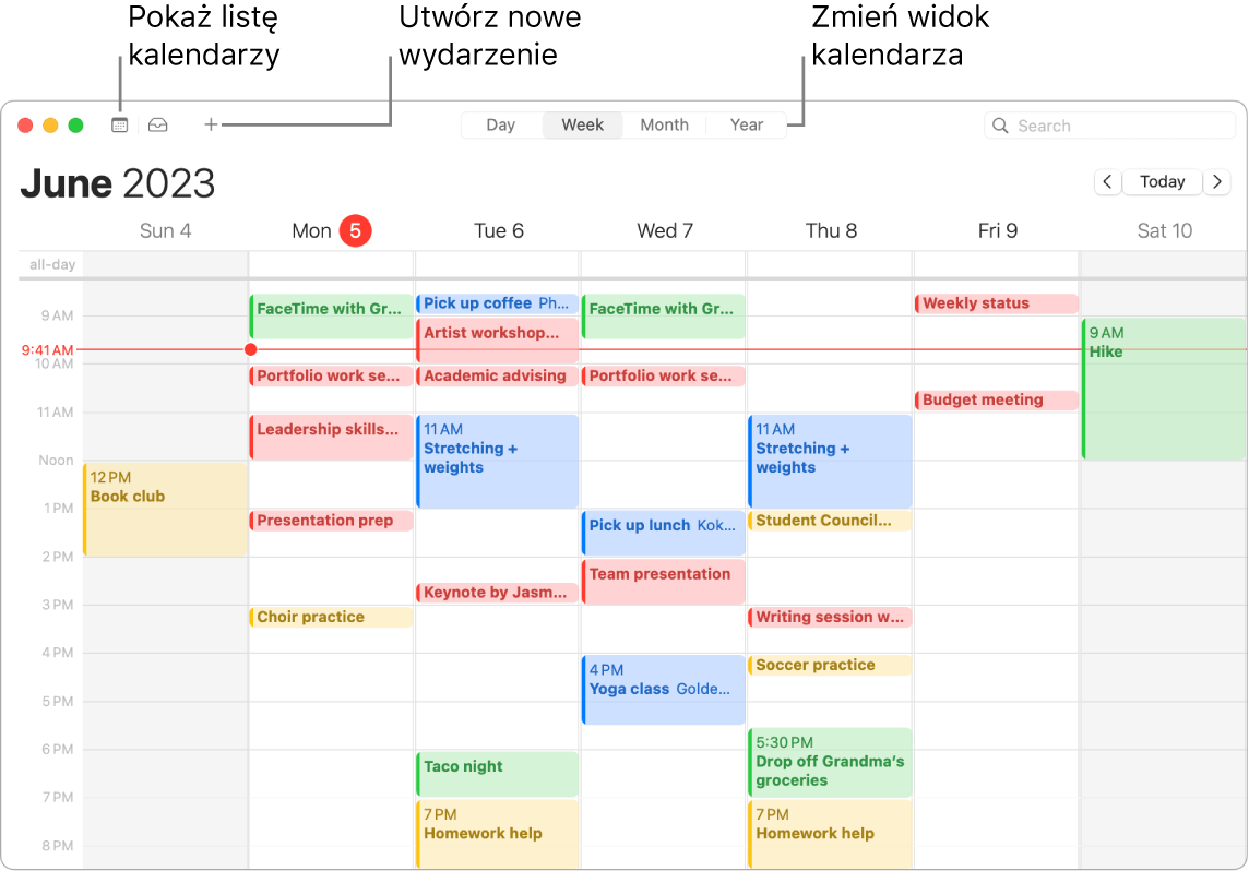 Okno Kalendarza pokazujące listę kalendarzy, sposób tworzenia wydarzenia oraz sposób wybierania widoku dnia, tygodnia, miesiąca lub roku.