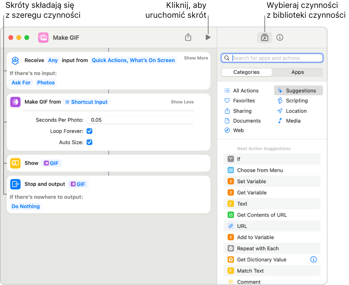 Edytor skrótu Utwórz obrazek GIF po lewej oraz biblioteka czynności po prawej.