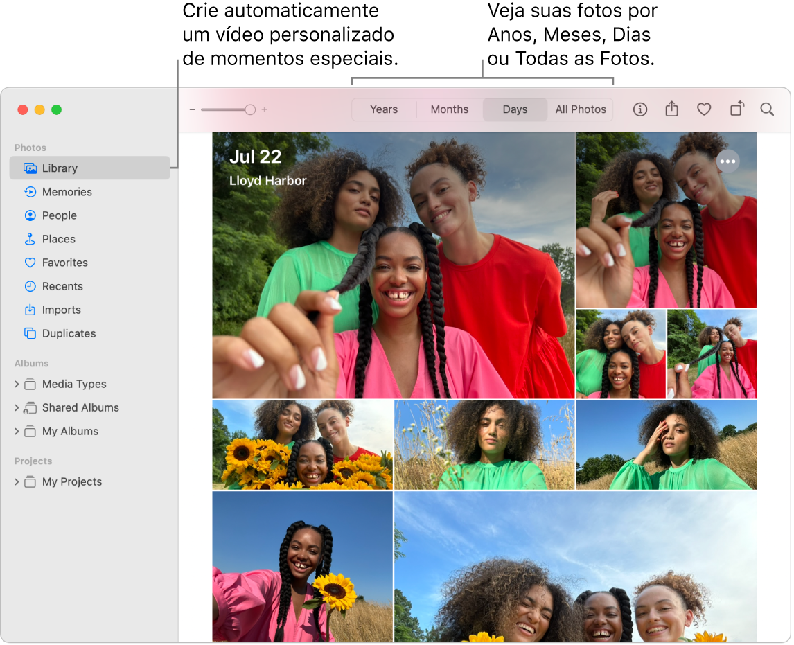 Janela do app Fotos mostrando o recurso Memórias na barra lateral esquerda e o menu local na parte superior, onde você pode ver as fotos do seu álbum por dia, mês e ano.