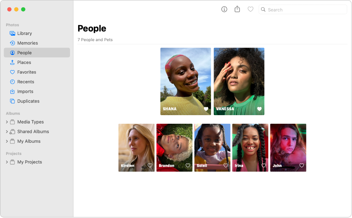 Álbum Pessoas em uma janela do app Fotos.