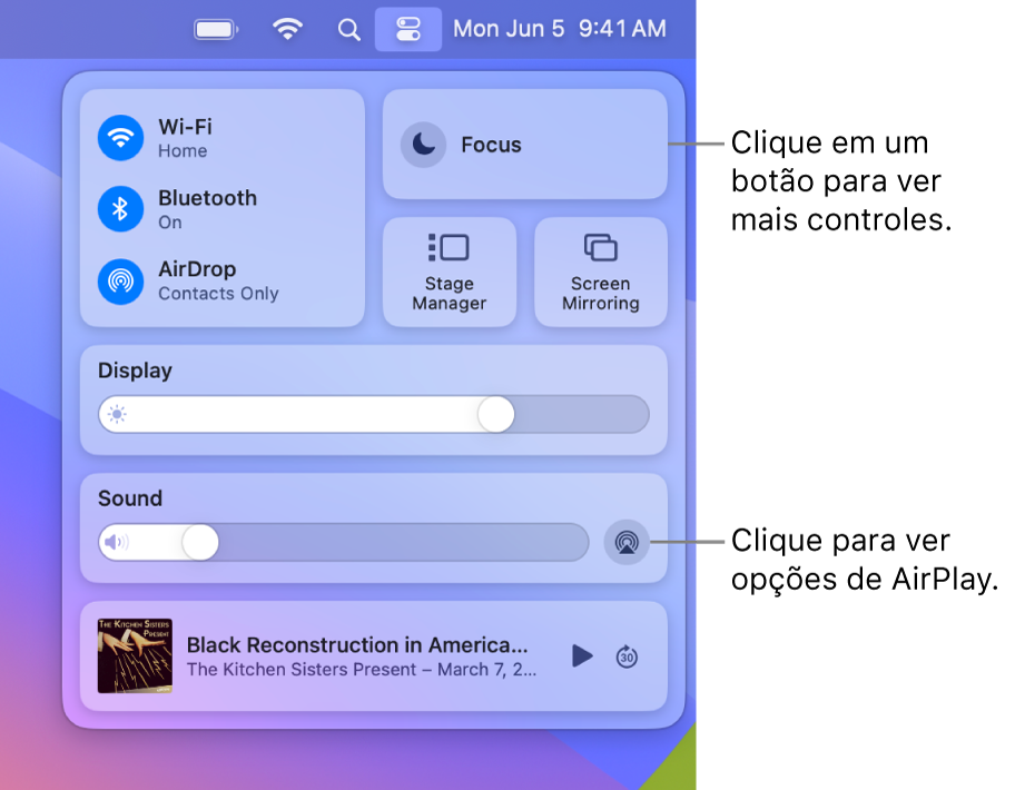 Visualização ampliada da Central de Controle no Mac, com uma chamada para o botão Exibir.