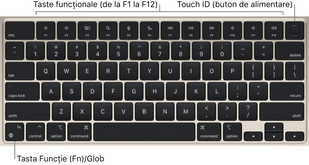 Tastatura MacBook Air-ului afișând rândul de taste funcționale și Touch ID (butonul de alimentare) în partea de sus și tasta Funcție (Fn)/Glob în colțul din stânga jos.