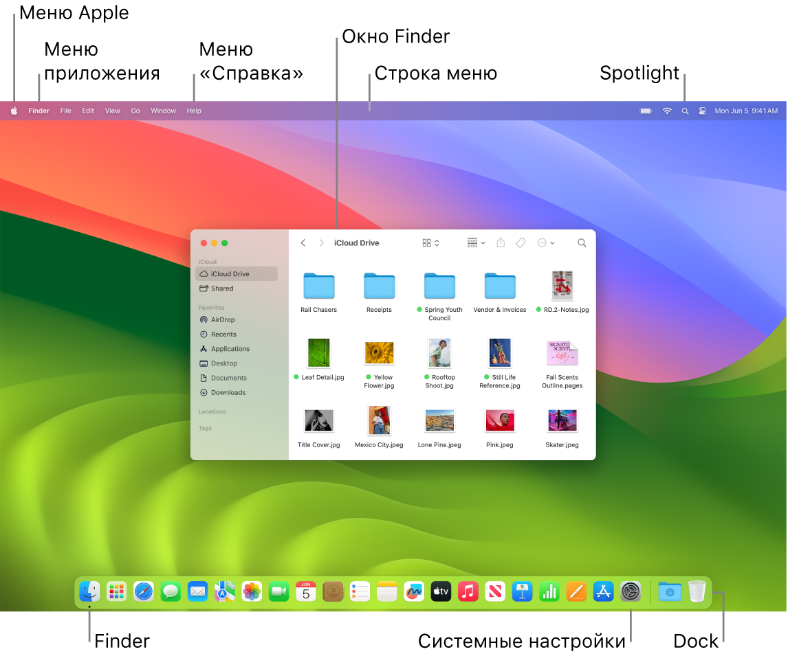 На экране Mac показаны меню Apple, меню приложения, меню «Справка», окно Finder, строка меню, значок Spotlight, значок Finder, значок Системных настроек и панель Dock.