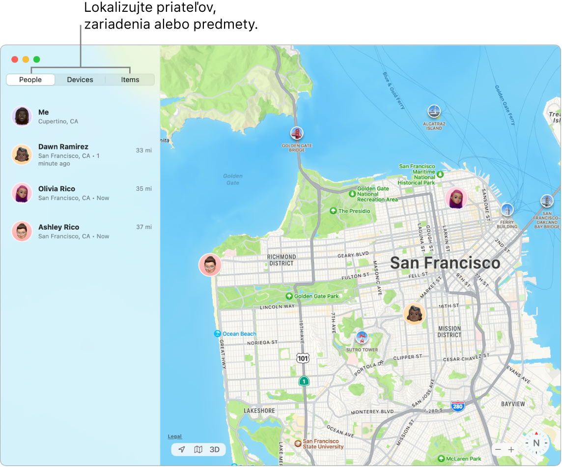 Okno funkcie Nájsť s tabom Ľudia vybraným naľavo a mapou San Francisca napravo s polohou vás a dvoch priateľov.