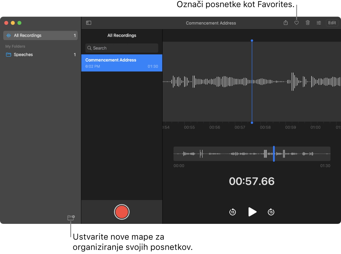 Okno aplikacije Voice Memos, v katerem je prikazano, kako ustvariti nove mape ali označiti posnetek kot priljubljen.