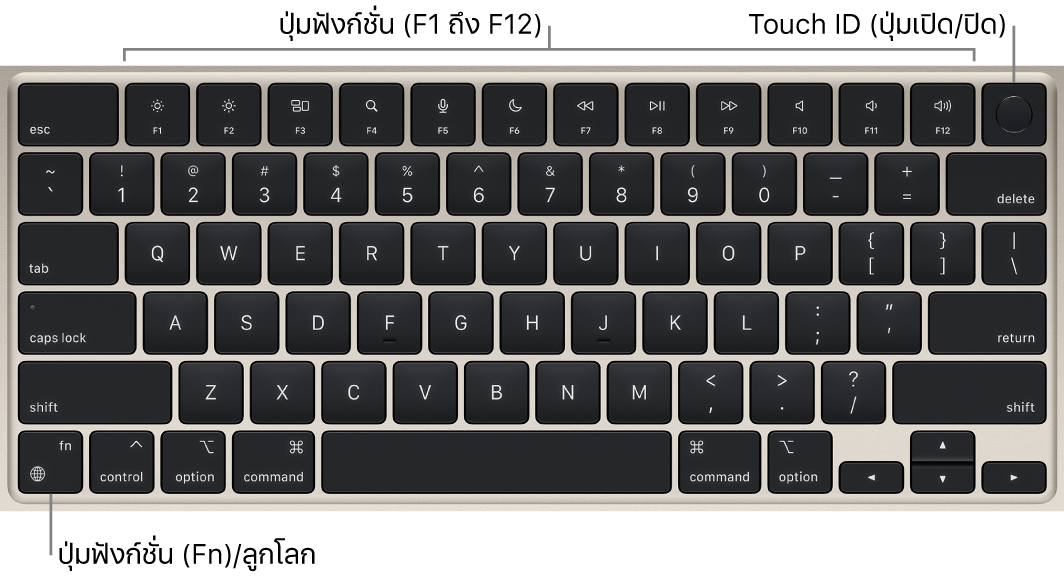 แป้นพิมพ์ MacBook Air ที่แสดงแถวของปุ่มฟังก์ชั่นและ Touch ID (ปุ่มเปิด/ปิด) ตลอดแนวด้านบนสุด และปุ่ม Function (Fn)/ปุ่มโลกตรงมุมซ้ายล่าง