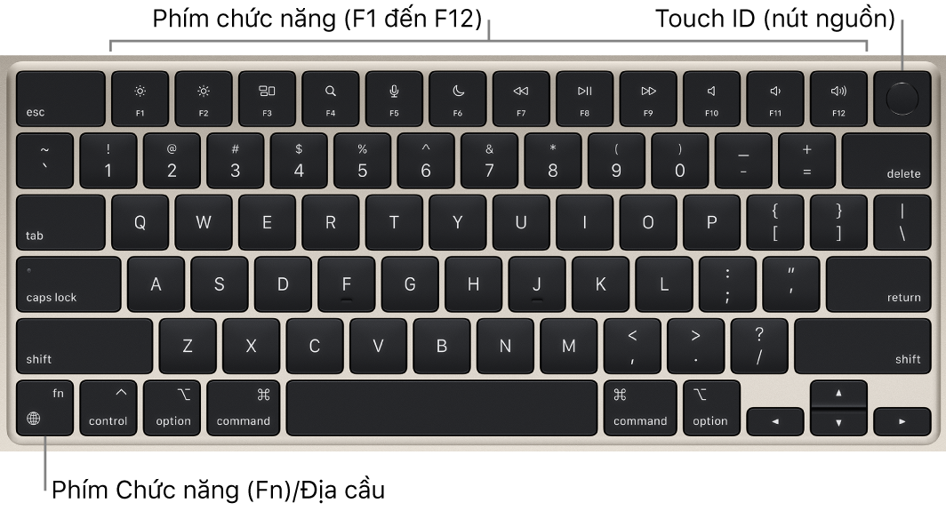 Bàn phím MacBook Air đang hiển thị hàng các phím chức năng và Touch ID (nút nguồn) ở trên cùng, cùng với phím Chức năng (Fn)/Địa cầu ở góc phía dưới bên trái.