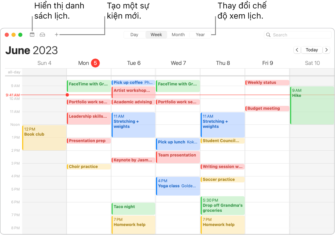 Một cửa sổ Lịch đang hiển thị danh sách lịch, cách tạo một sự kiện và cách chọn chế độ xem Ngày, Tuần, Tháng hoặc Năm.