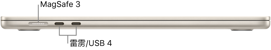 MacBook Air 的左侧视图，标注了 MagSafe 3 和雷雳/USB 4 端口。