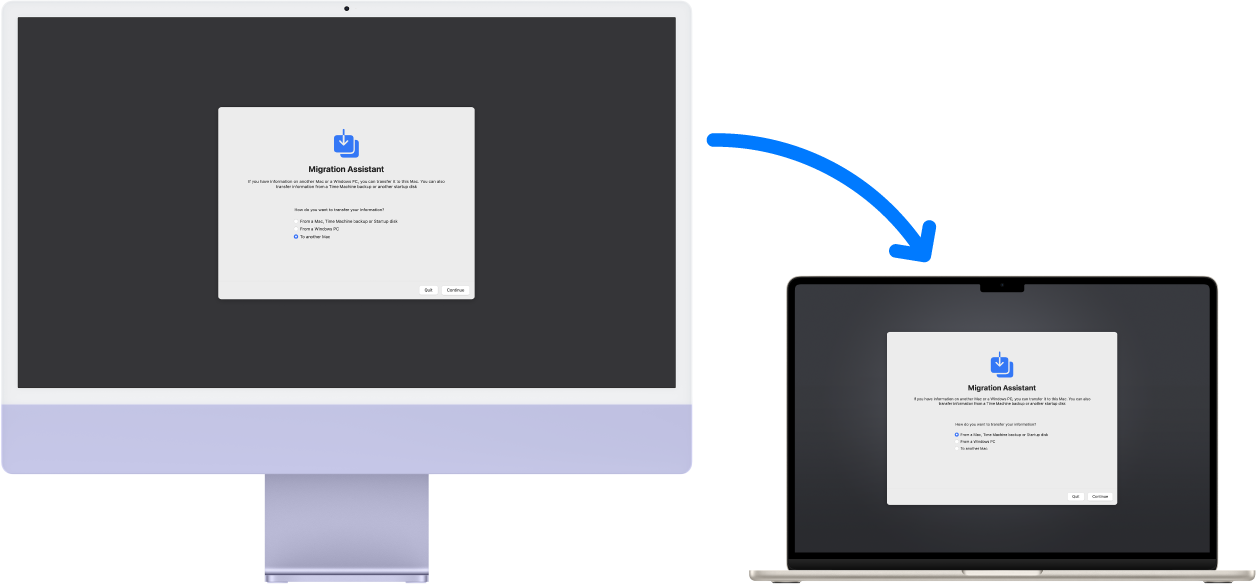 iMac 和 MacBook Air 同時顯示「系統移轉輔助程式」畫面。 從 iMac 指向 MacBook Pro 的箭頭表示資料從前者移轉至後者。