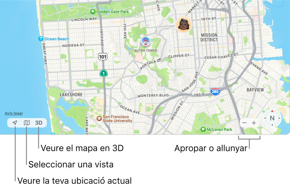 La finestra de l’app Buscar amb les ubicacions de diferents persones al mapa. A l’angle inferior esquerre, utilitza els botons per veure la teva ubicació actual, seleccionar una vista i veure el mapa en 3D. A l’angle inferior dret, utilitza els botons de zoom per apropar o allunyar el mapa.