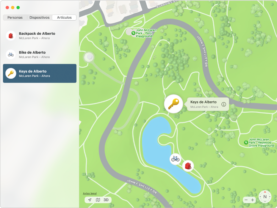 La app Encontrar mostrando una lista de elementos en la barra lateral y sus ubicaciones en un mapa a la derecha.