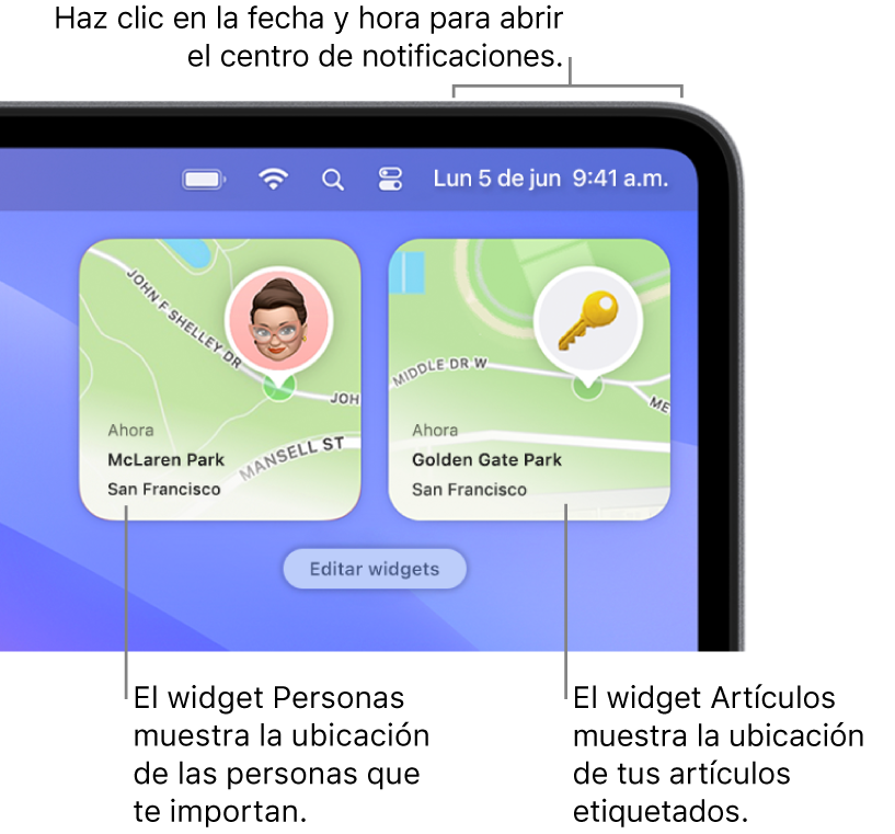 Dos widgets de Encontrar: el widget Personas, que muestra la ubicación de una persona, y el widget Artículos, que muestra la ubicación de una llave. Haz clic en la fecha y la hora en la barra de menús para abrir el Centro de notificaciones).