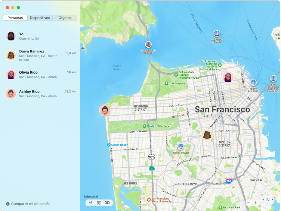 La app Buscar con una lista de amigos en la barra lateral y sus ubicaciones en un mapa a la derecha.