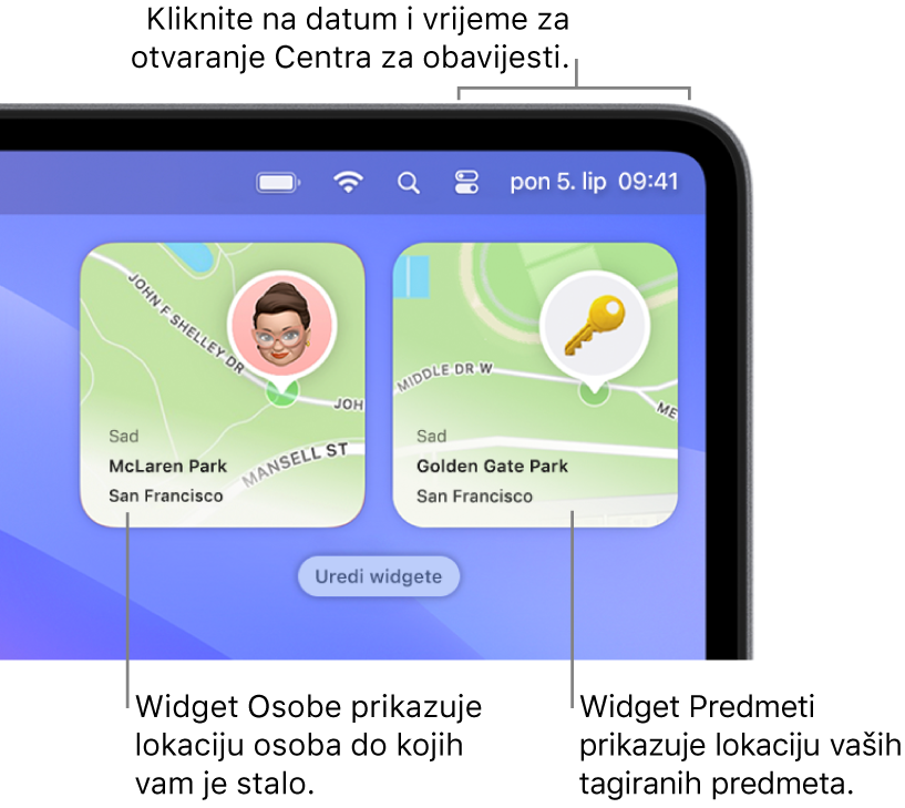 Dva widgeta Pronalaženja – widget Osobe s prikazom lokacije osobe te widget Predmeti s prikazom lokacije ključa. Kliknite na datum i vrijeme na traci s izbornicima za otvaranje Centra za obavijesti.
