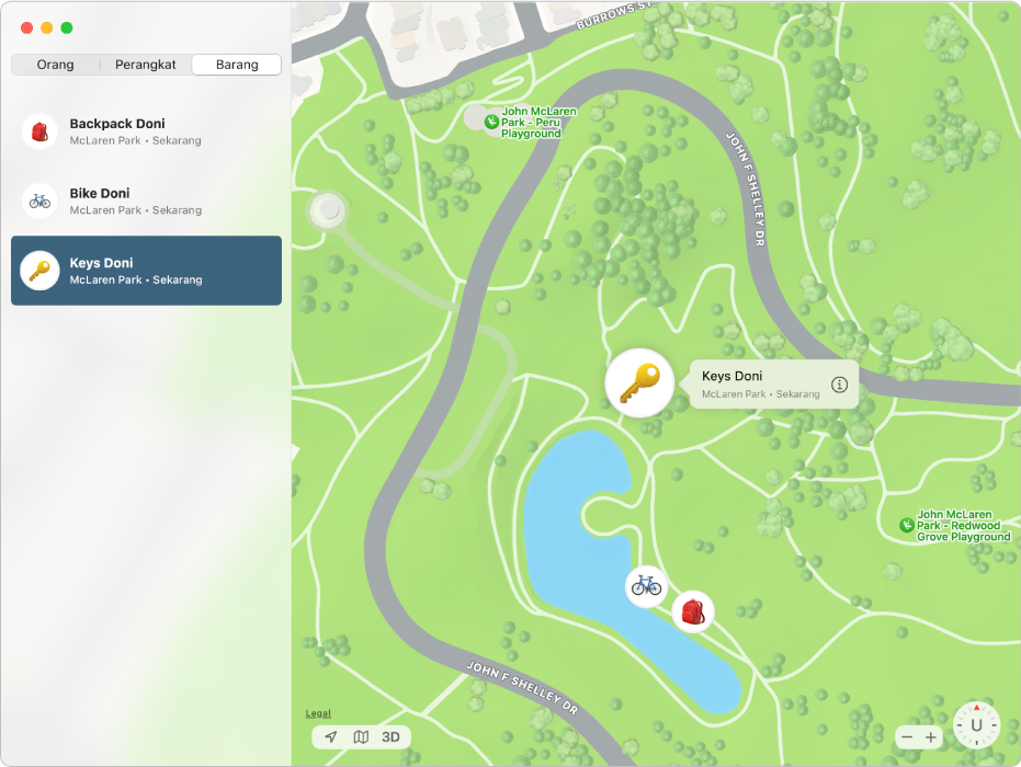 App Lacak menampilkan daftar barang di bar samping dan lokasinya di peta di sebelah kanan.
