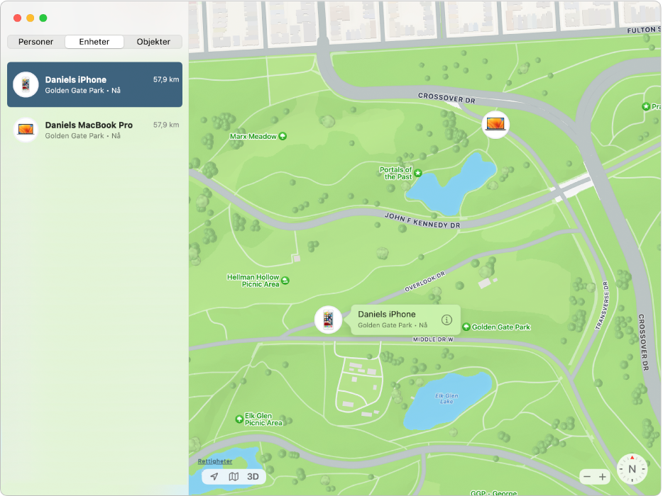 Hvor er?-appen viser en liste over enheter i sidepanelet, og posisjonene deres på kartet til høyre.