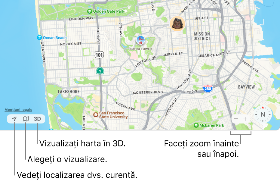 O vizualizare a ferestrei Găsire afișând localizarea persoanelor pe o hartă. În colțul din stânga jos, utilizați butoanele pentru a vedea localizarea dvs. curentă, a alege un mod de vizualizare șu a vedea harta în 3D. În colțul din dreapta jos, utilizați butoanele de zoom pentru a apropia sau îndepărta harta.