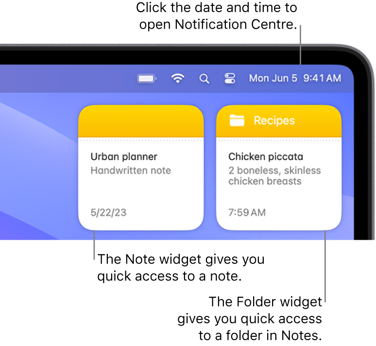 Two Notes widgets — the Folder widget shows a folder in Notes and the Note widget shows a note. Click the date and time in the menu bar to open Notification Centre.
