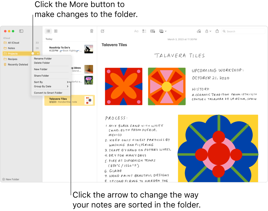 The Notes window with one folder in the sidebar showing the More button where you can make changes to a folder. Above the list of notes in the middle is the sort option, which changes the order of the notes — click the arrow to select a different sort order.