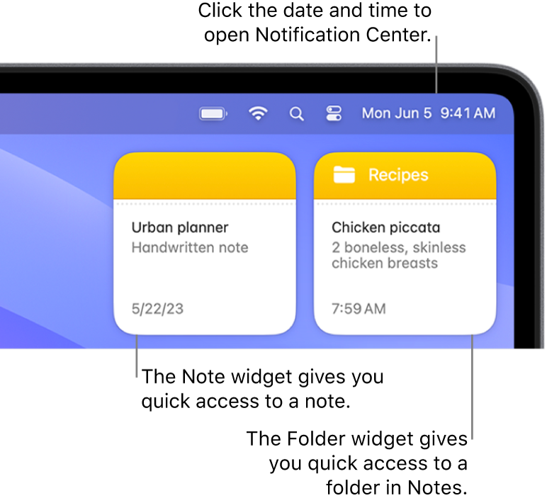 Two Notes widgets—the Folder widget shows a folder in Notes, and the Note widget shows a note. Click the date and time in the menu bar to open Notification Center.