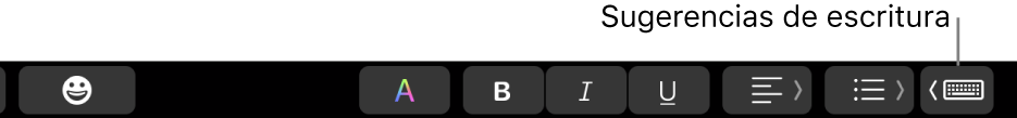 La Touch Bar, con el botón para mostrar las sugerencias de escritura en el extremo derecho.