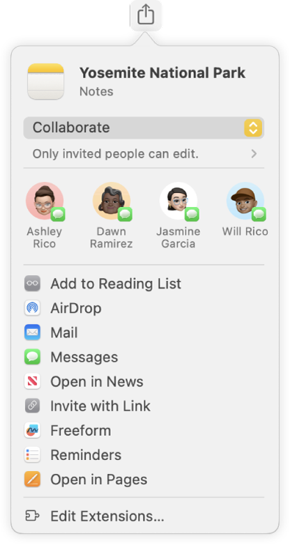 El cuadro de diálogo “Compartir nota”, donde puedes seleccionar cómo enviar la invitación para compartir una nota.